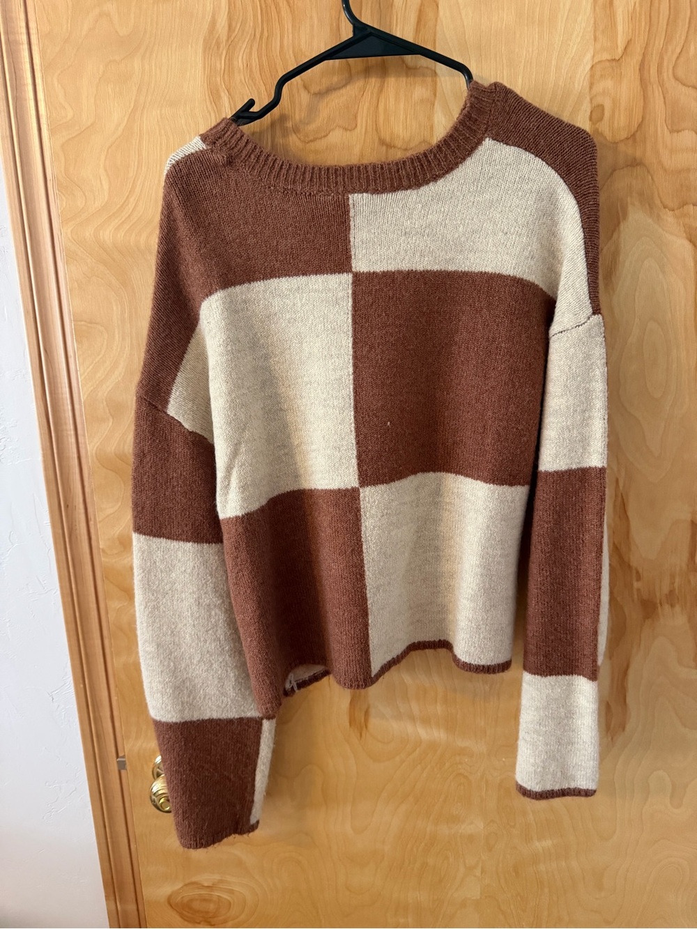 White Crow Brown and Cream Checkerboard Crewneck Sweater